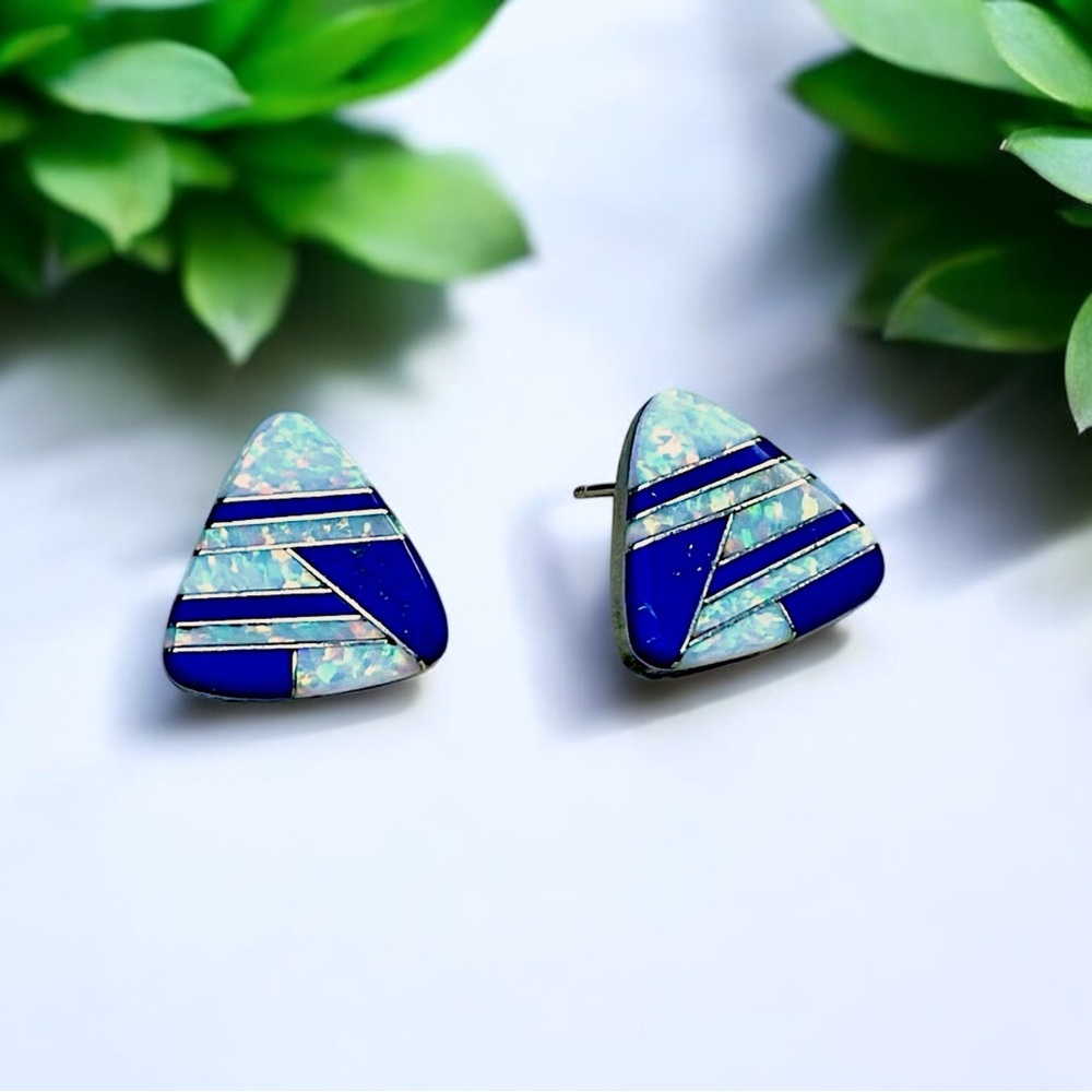 🌺Vintage Jessie Claw Sterling, Opal & Lapis Earrings